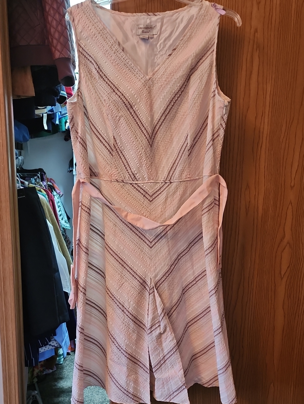 Adrianna Papell Pale Blush Chevron Lace V-Neck Dress with Waist Sash